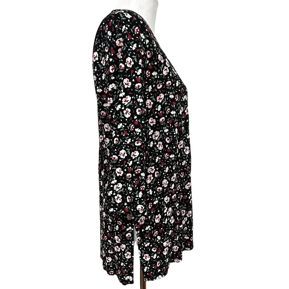 J.Jill Wearever Tunic Top Black Pink Floral Jersey Knit Stretch Side Slits Sz M